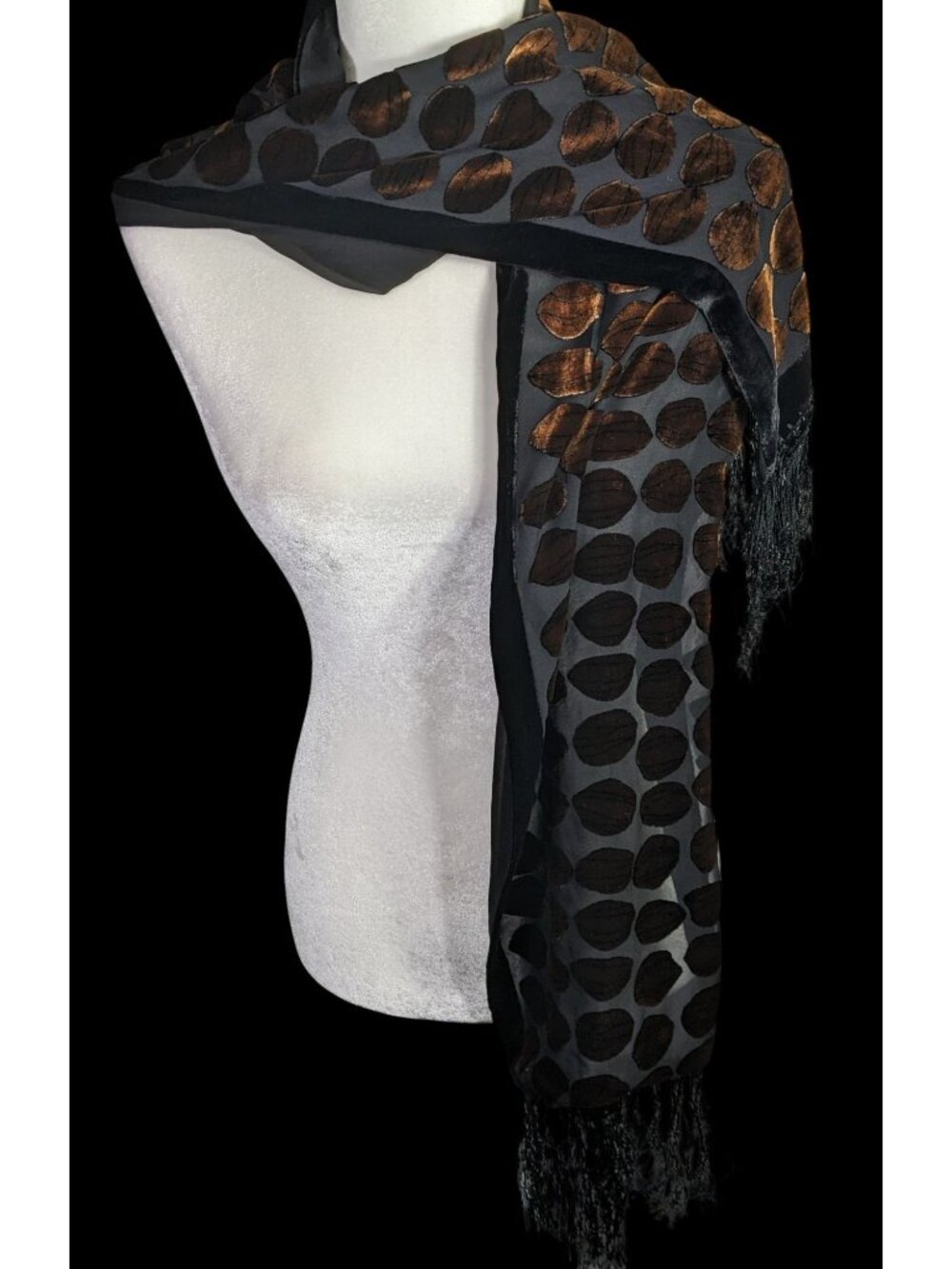 Vintage Geometric Burnt Velvet Scarf Copper Tone With Fringe